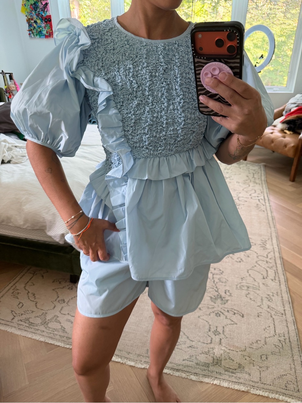 CECILIE BAHNSEN 
Ruched-Bodice Puff-Sleeve Blouse